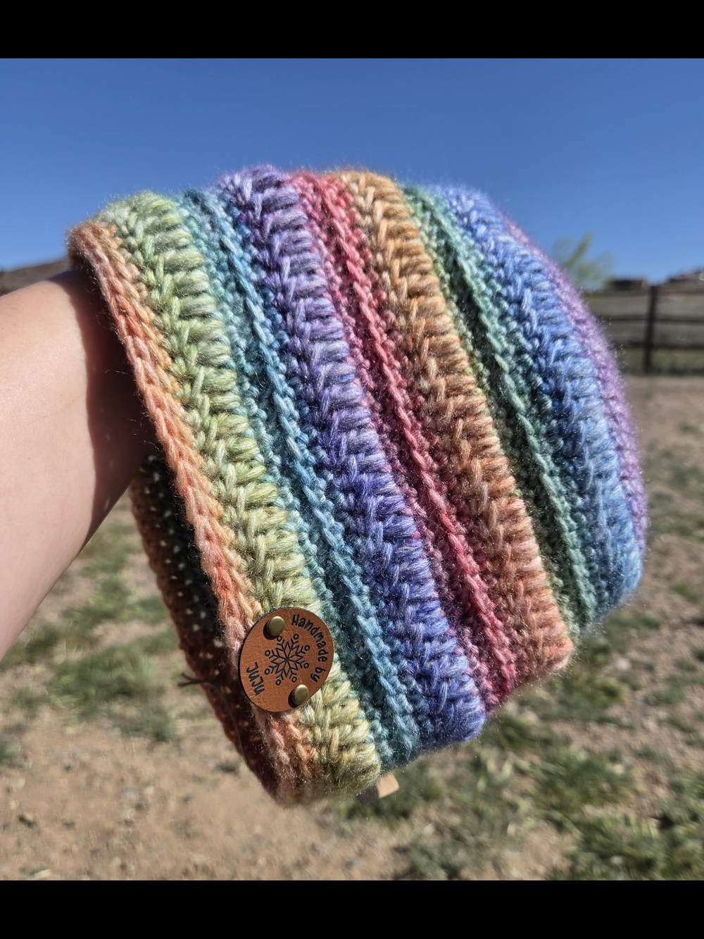 Artisan Handmade Crochet Cotton Blend "Rainbow Ribbons" Beanie Hat - Picture 4 of 6